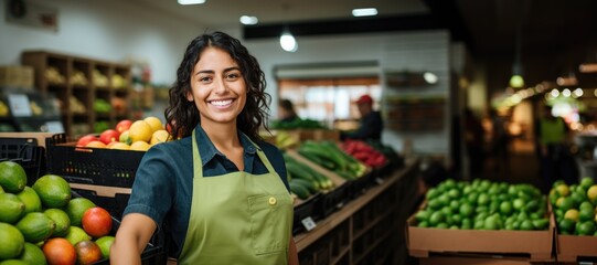Smiling hispanic female supermarket fruit section worker looking at the camera