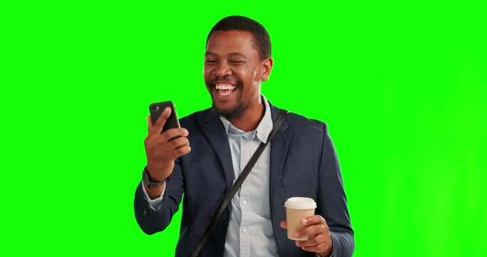 Winner, businessman with smartphone and against green screen celebrating with coffee. Feedback or achievement, mockup space or smile and black man happy for good news announcement or success