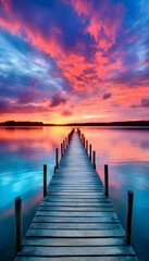 A Wooden Pier extending into a Serene Lake, reflecting a Sunset Sky filled with a myriad of colors Generative AI