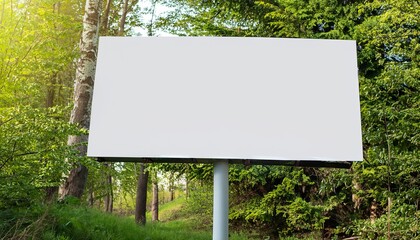 Blank advertising billboard in a green forest setting, Generative AI