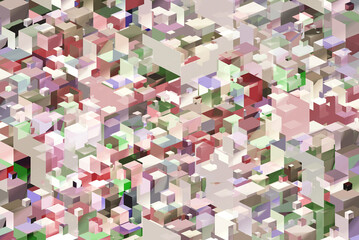 3D cube landscape in pail color mood with depth and transparency, overlapping shapes, creating an intriguing abstract urban environment. 