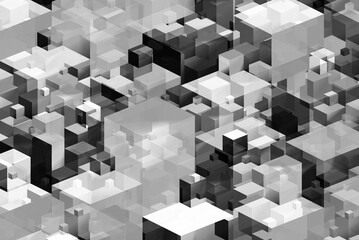 Black and white 3D cube landscape in cold color mood with depth and transparency, overlapping shapes, creating an intriguing abstract urban environment. Different sized cubes.