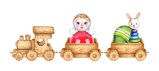 Children's toy wooden train and two wagons. Watercolor illustration of toys riding in a steam locomotive on an isolated background. Drawing of a toy train for children's design.