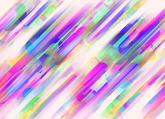 Abstract rounded rectangles and pills in vivid neon in pink, greens, and blues fast-moving in a diagonal movement creating a sense of speed and depth. Motion blur effect and overlapping shapes.