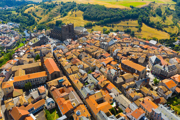 Picturesque summer view from drone of walled French town of Saint-Flour with Saint-Pierre...