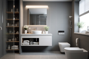 Obraz na płótnie Canvas Bright elegant bathroom interior in a luxury house. AI generated content