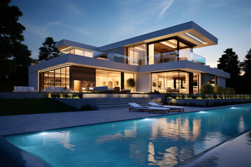 Fototapeta premium Modern villa with pool and deck with interior. AI generated content