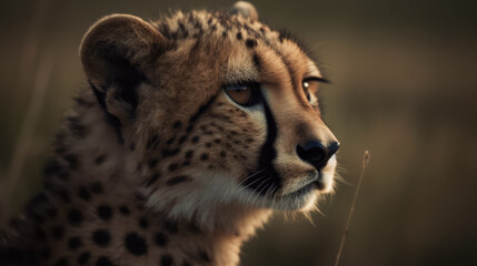 beautiful Cheetah in its natural habitat. Close up of Cheetah in African plain. Post-processed generative AI