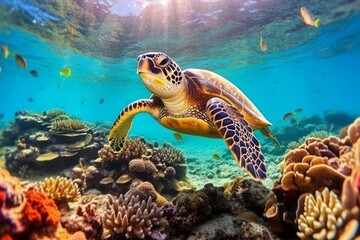 Naklejka na ściany i meble Beautiful turtle under sea water. AI generated, human enhanced.