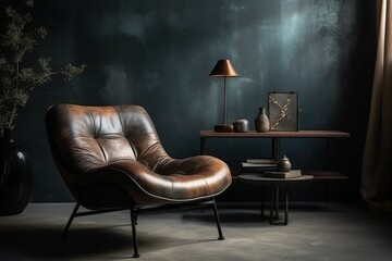 Style loft interior with leather armchair. AI generated, human enhanced