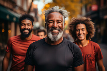 A group of men on a morning run. Background with selective focus and copy space