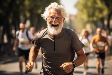 Happy old man jogging lifestyle. Background with selective focus and copy space