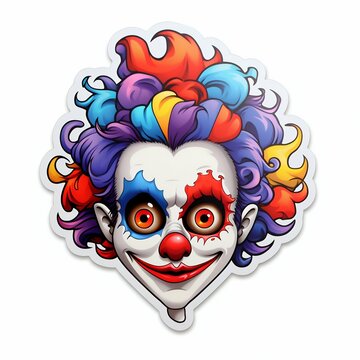Evil and Scary Clown Sticker with a Black Border and Florescent Colors on White Background. Generative ai