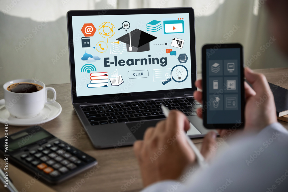 Poster on-screen e-learning internet networking sharing online on a computer education course communication
