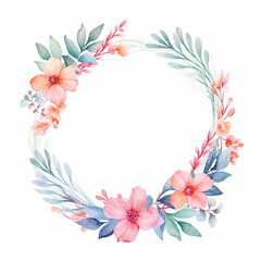 Fototapeta na wymiar Watercolor Floral Wreath with Soft Pastel Spring Floral Mix, Ethereal Leaves and Branches, Wedding Card, Logo, Invitations, AI Generated.