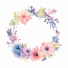 Watercolor Floral Wreath with Soft Pastel Spring Floral Mix, Ethereal Leaves and Branches, Wedding Card, Logo, Invitations, AI Generated.