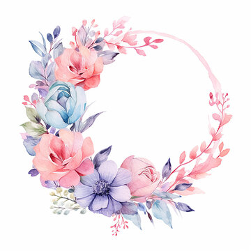 Watercolor Floral Wreath, Rose Floral Mix, Pastel Blue, Pink, Purple Colors, Ethereal Leaves and Branches, Wedding Card, Logo, Invitations, AI Generated.