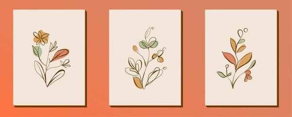 Fototapeta na wymiar Set of hand drawn retro flower shape and doodle design element. Line art leaves, flowers and plants. Abstract vintage contemporary vector illustration. Perfect for poster, social media posts, sticker.