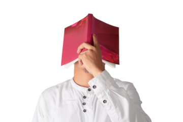 Man covering face with book isolated on transparent white background, hiding his face and looking depressed