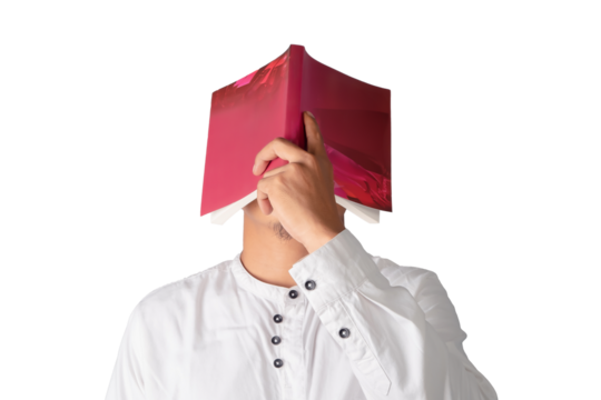 Man covering face with book isolated on transparent white background, hiding his face and looking depressed