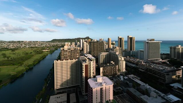 Time lapse of Waikiki skyline shot over 24 hour period in Oahu Island, Hawaii, USA