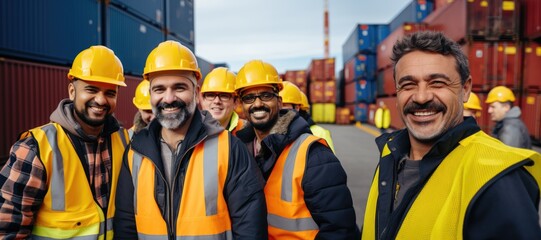 Multiracial smiling workers  having fun inside container cargo terminal at maritime port - obrazy, fototapety, plakaty