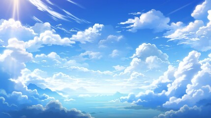A blue sky with white clouds and a bright sun