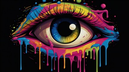 A vibrant eye with paint drips running down it