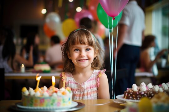 a cute little kid girl celebrating birthday at a birthday party with colorful balloons outside. Generative AI