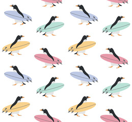 Vector seamless pattern of hand drawn flat penguin with surfboard isolated on white background