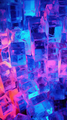 Neon ice cubes, pink and blue abstract background illustration. Cocktails, party, fashion concept