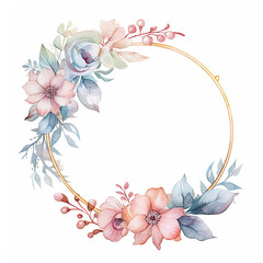 Watercolor Floral Wreath with Circular Frame, Soft Pastel Spring Floral Mix, Ethereal Leaves and Branches, Wedding Card, Logo, Invitations, AI Generated.