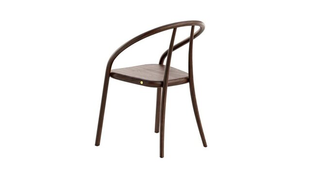 Circular animation of modern steam-bent wooden chair. Wooden solid beech chair with backrest and armrest on white background. Mid-century, Modern, Scandinavian, Loft interior. 3d render