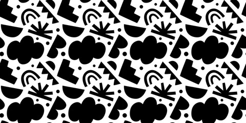 Abstract organic shape seamless pattern with black and white geometric doodles. Flat cartoon background, simple random shapes print texture.