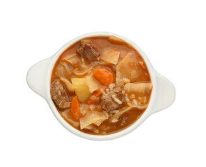 Tasty cabbage soup with meat and carrot on white background, top view