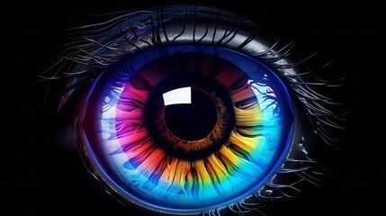 A close-up of a vibrant rainbow colored eye