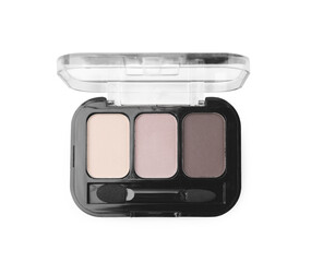 Beautiful eye shadow palette with brush isolated on white, top view