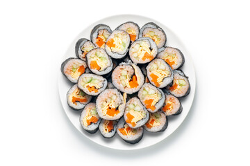 Plate of sushi rolls on white background