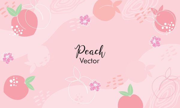 Bright vector set of colorful juicy peach backround pattern. Peach. Set. Set of colorful peach fruit, leaves, branches and flowers 