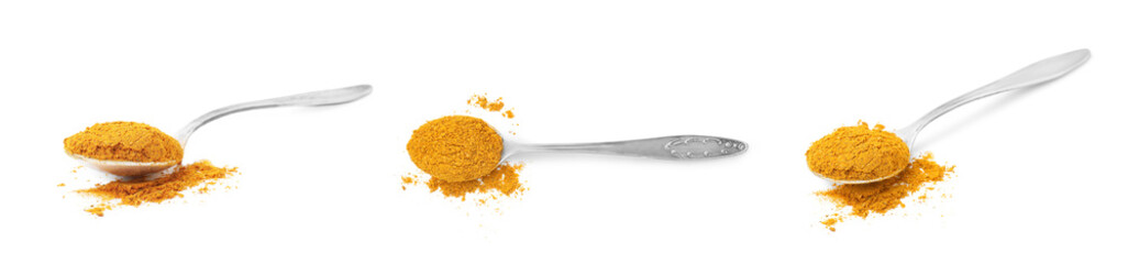 Collage with curry powder in spoons isolated on white