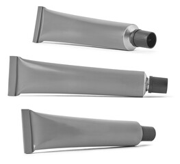 tube in different angles, mock-up template for toothpaste, glue, cream, gel or shampoo, blank package isolated background, medicine or cosmetics concept