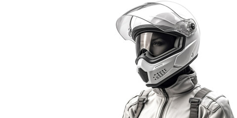 Portrait of a young woman in a motorcycle helmet and racing suit, close-up. Generative AI