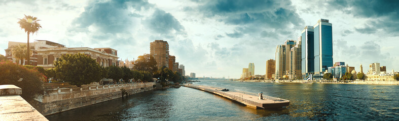 Egypt, Cairo - Panoramic View of Nile River and Modern Skyscrapers, Buildings near Zamalek and Downtown Cairo, Sunset View.