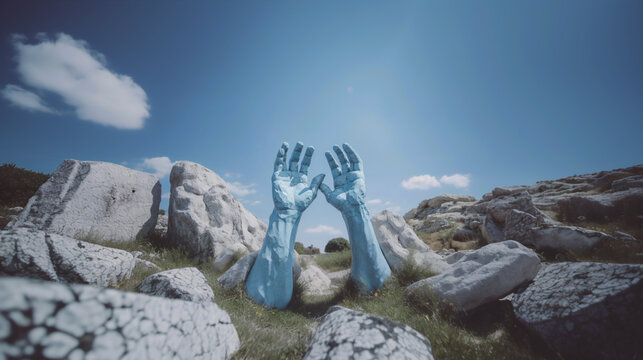 An AI-generated image of blue-painted hands represents a symbolic bridge between the physical and the spiritual realms.