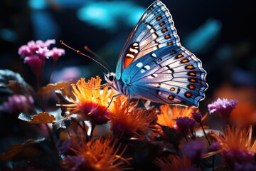 Fototapeta na wymiar Close - up shot of a wild butterfly resting on a vibrant flower. Generative AI