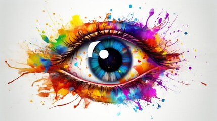 An eye with vibrant paint splatters