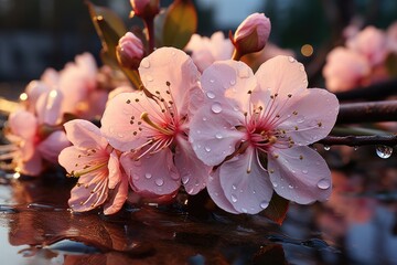Close - up shot of dew - covered spring blossoms. Generative AI