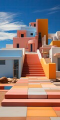 Colorful landscape with a minimalist modern castle illustration made with Generative AI 