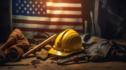 Happy labor day concept, Construction tools with yellow helmet