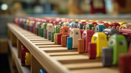 Fototapeta na wymiar Wooden toys on a conveyor belt in a factory